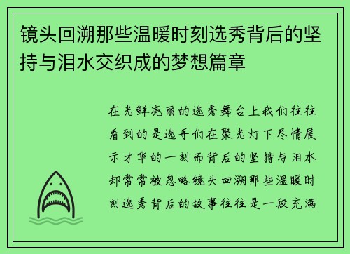 镜头回溯那些温暖时刻选秀背后的坚持与泪水交织成的梦想篇章 镜头回溯那些温暖时刻选秀背后的坚持与泪水交织成的梦想篇章